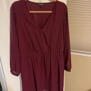 Express Maroon V Neck Dress with Sheer Sleeves
